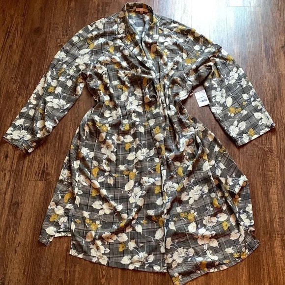 Gibson Latimer Floral Plaid Kimono Wrap Jacket Gray & Yellow Size 1X New - Picture 1 of 7